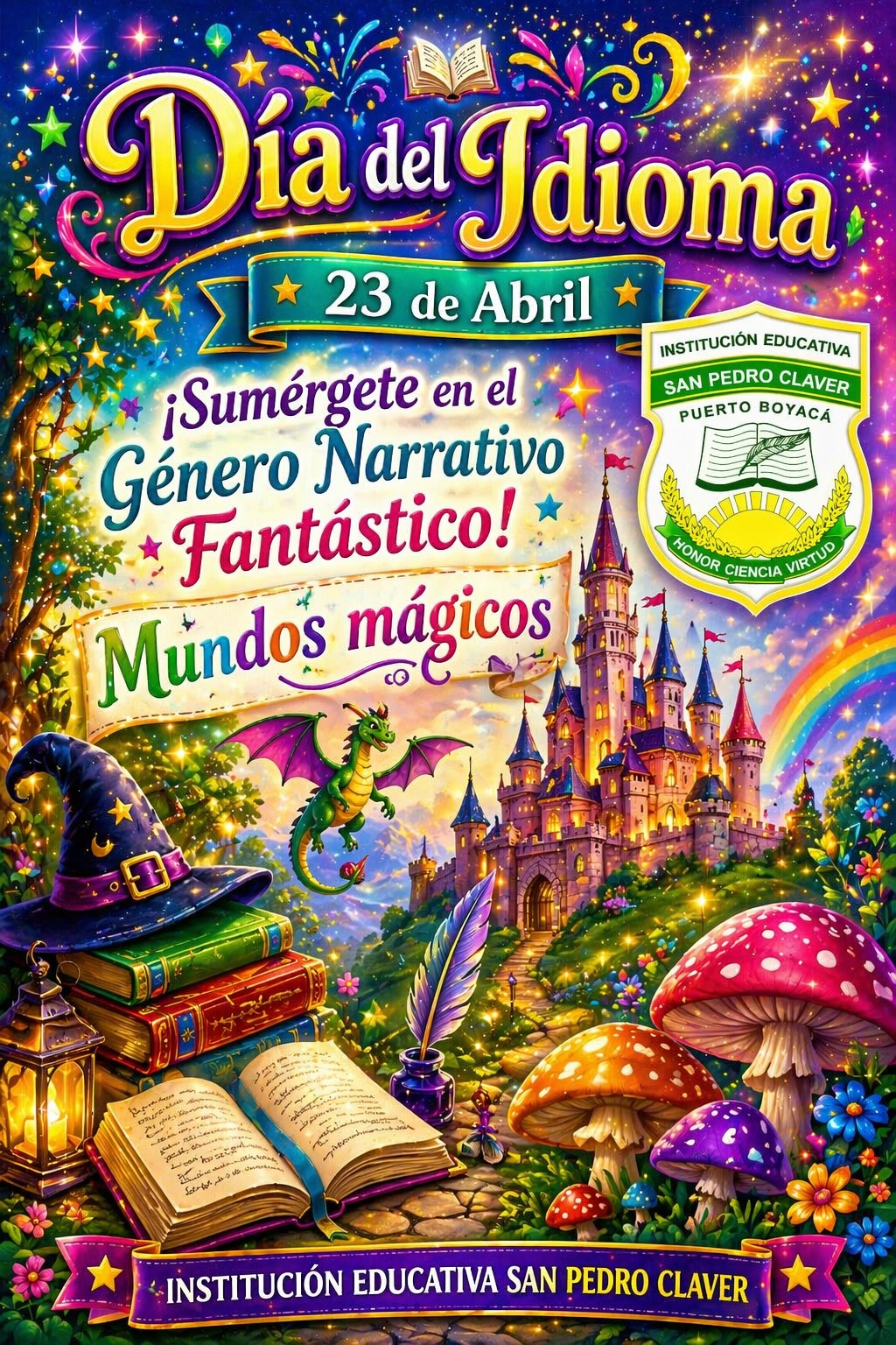 ✨📚 ¡La magia de las palabras te espera! 📚✨ Este 23 de abril, celebra con nosotros el Día del Idioma y déjate llevar por la imaginación en un viaje lleno de historias, mundos increíbles y personajes inolvidables. 🌙🐉 ✨ Sumérgete en el Género Narrativo Fantástico ✨ Descubre, crea y comparte la magia que vive en cada palabra. 📍 Lugar: Institución Educativa San Pedro Claver 📅 Día: 23 de abril ⏰ Horarios: * Primaria: 3:30 p. m. * Bachillerato: 6:00 a. m. 🌟 ¡Ven y vive una experiencia donde la fantasía cobra vida! 🌟 #DíaDelIdioma #LecturaMágica #NarrativaFantástica #SomosCultura